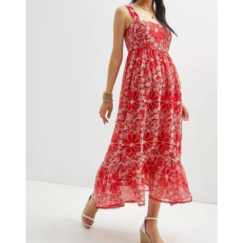 Anthropologie X Sachin and Babi red embroidered midi dress 6 - Picture 2 of 15